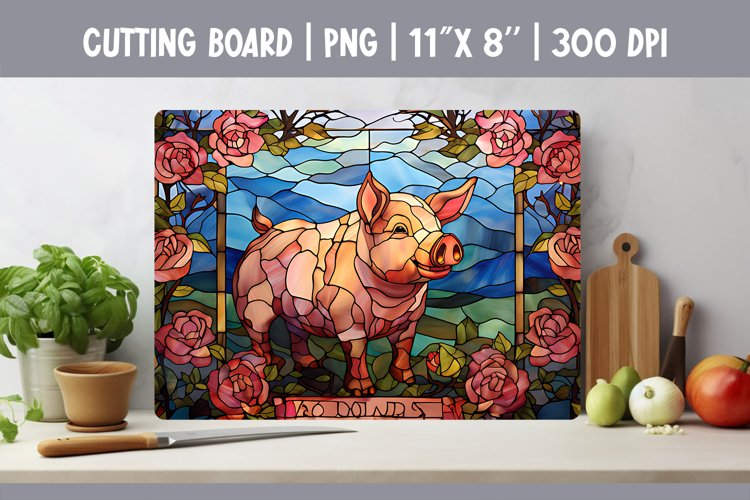 Stained Glass Pig Kitchen Cutting Board Sublimation Design