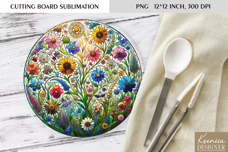 Flower Stained Glass| Round Cutting Board Sublimation