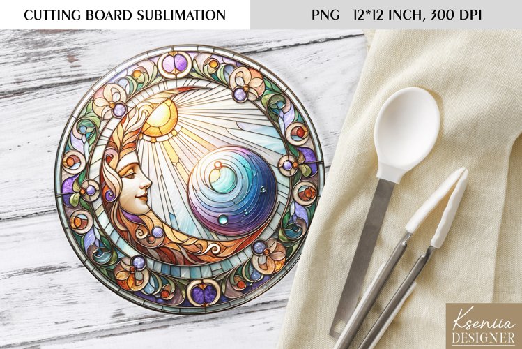 Celestial Stained Glass Design|Moon Round Cutting Board example image 1