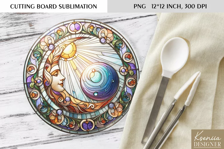 Celestial Stained Glass Design|Moon Round Cutting Board