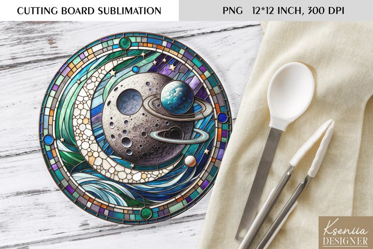 Celestial Stained Glass Design|Moon Round Cutting Board example image 1