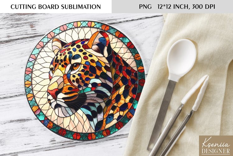 Leopard Stained Glass| Round Cutting Board Sublimation example image 1