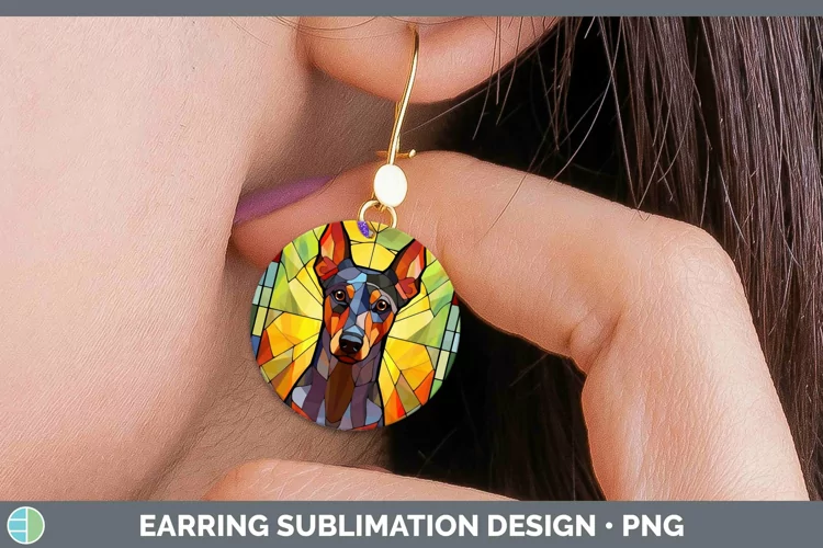 Stained Glass Dog Doberman Pinscher Round Earrings Sublimati