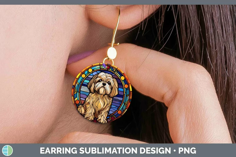 Stained Glass Dog Lhasa Apso Round Earrings Sublimation Earr