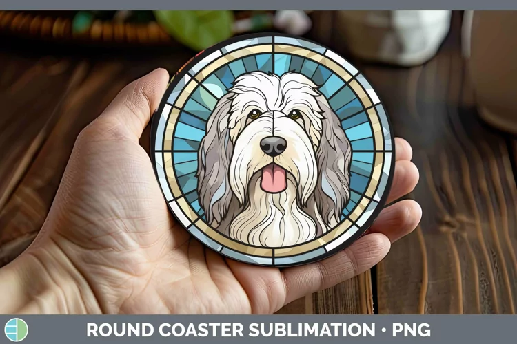 Stained Glass Dog Old English Sheepdog Round Coaster Sublima