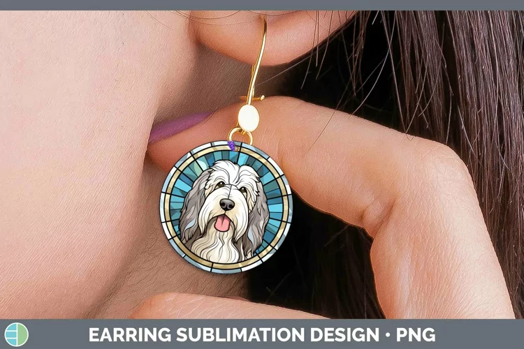 Stained Glass Dog Old English Sheepdog Round Earrings Sublim
