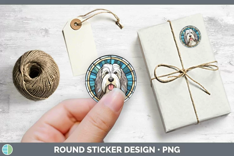 Stained Glass Dog Old English Sheepdog Stickers | Round Labe