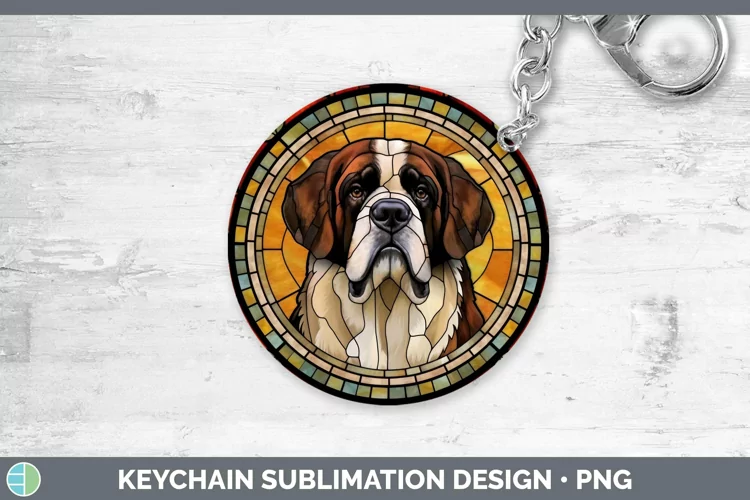 Stained Glass Dog Saint Bernard Keychain Sublimation Keyring
