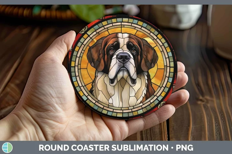 Stained Glass Dog Saint Bernard Round Coaster Sublimation Co