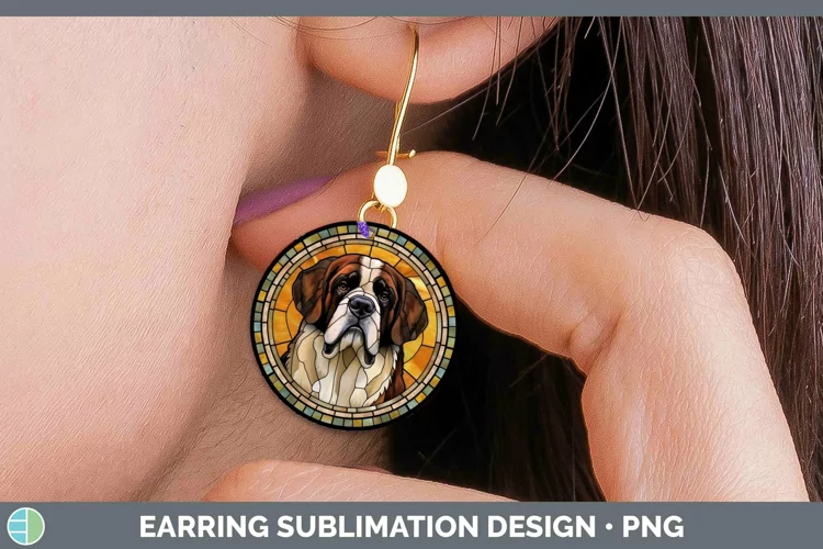 Stained Glass Dog Saint Bernard Round Earrings Sublimation E