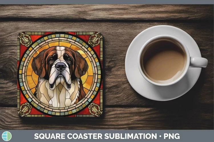 Stained Glass Dog Saint Bernard Square Coaster Sublimation C