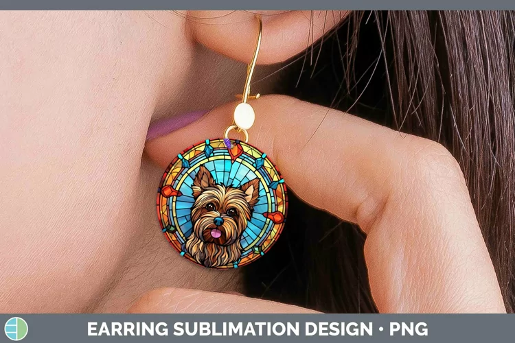 Stained Glass Dog Yorkshire Terrier Round Earrings Sublimati