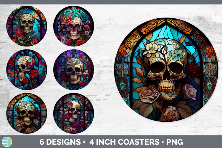 Bundle of six Painted Glass Skulls Round Coaster designs.