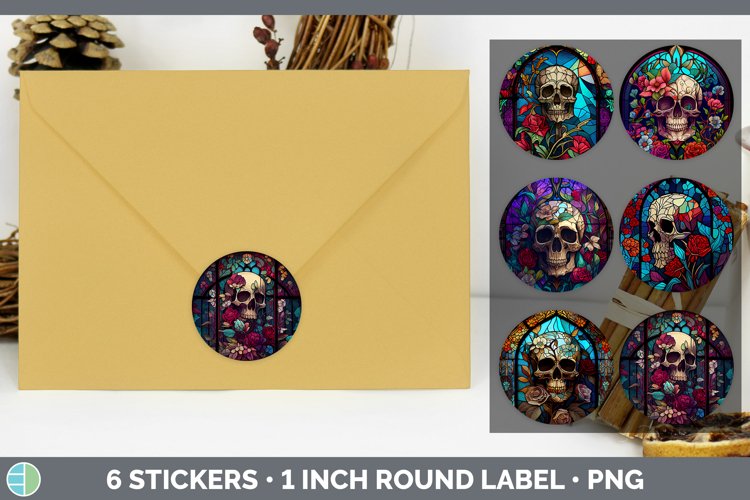 Stained Glass Floral Skulls Stickers | Round Labels Designs