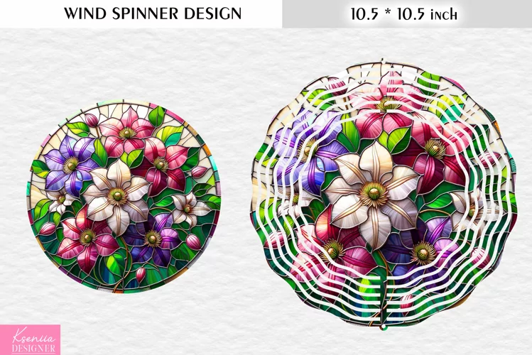 Stained Glass Clematis Flowers Wind Spinner Design