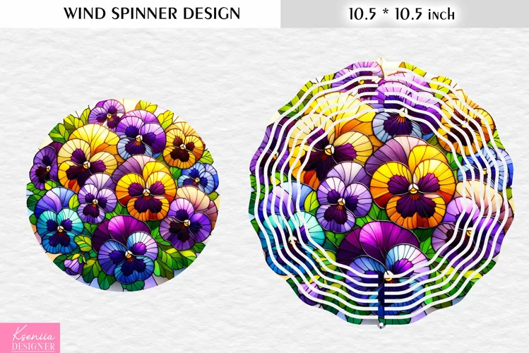 Stained Glass Pansy Flowers Wind Spinner Design