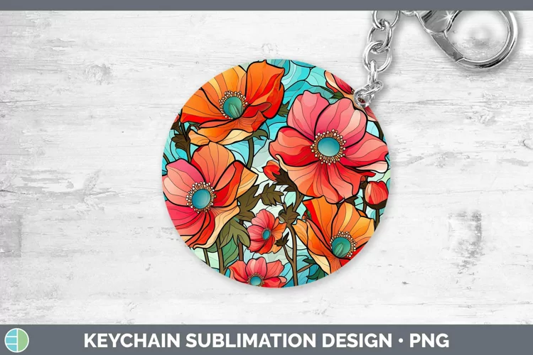 Stained Glass Flowers Anemone Keychain Sublimation Keyring D