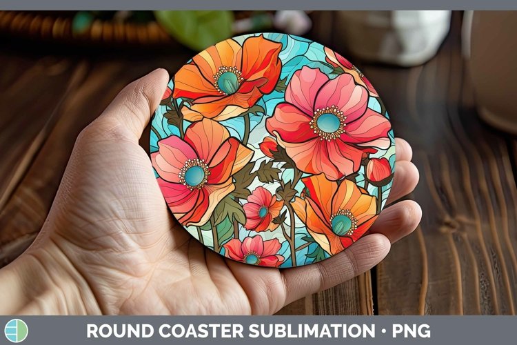 GorgeousStained Glass Flowers Round Coaster design.