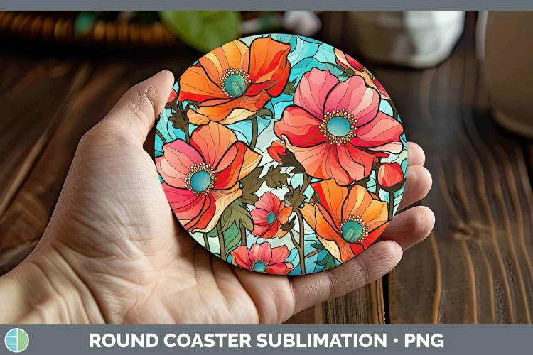 Stained Glass Flowers Anemone Round Coaster Sublimation Coas
