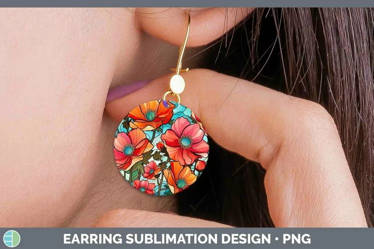 Stained Glass Flowers Anemone Round Earrings Sublimation Ear