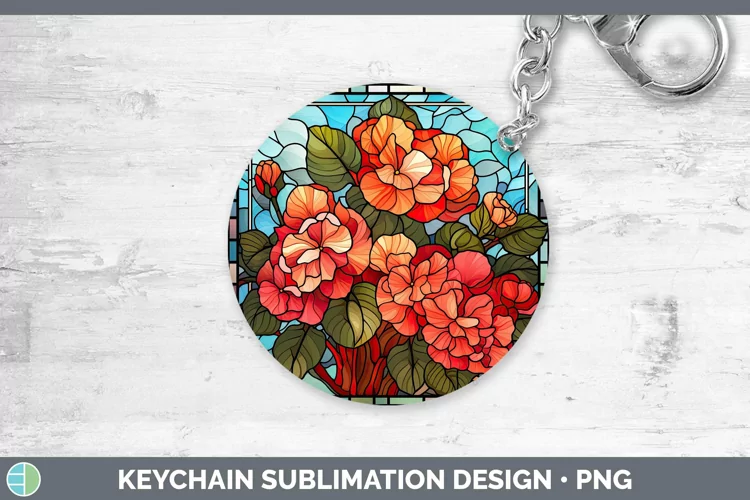 Stained Glass Flowers Begonia Keychain Sublimation Keyring D