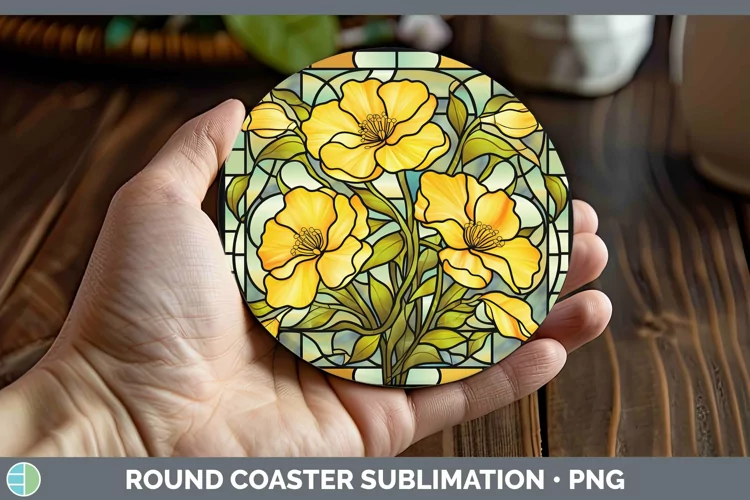 Stained Glass Flowers Buttercup Round Coaster Sublimation Co