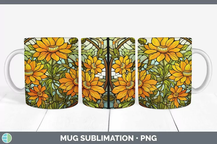 Stained Glass Flowers Calendula Mug Wrap Sublimation Coffee