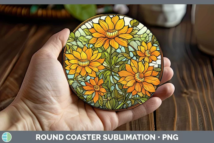 Stained Glass Flowers Calendula Round Coaster Sublimation Co