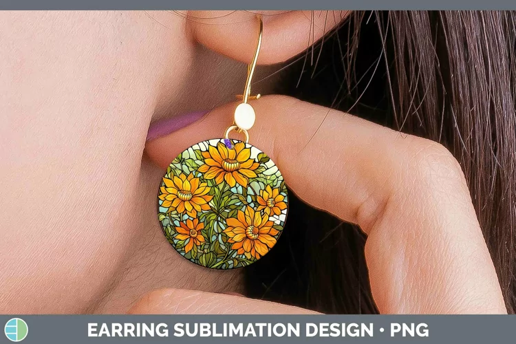 Stained Glass Flowers Calendula Round Earrings Sublimation E