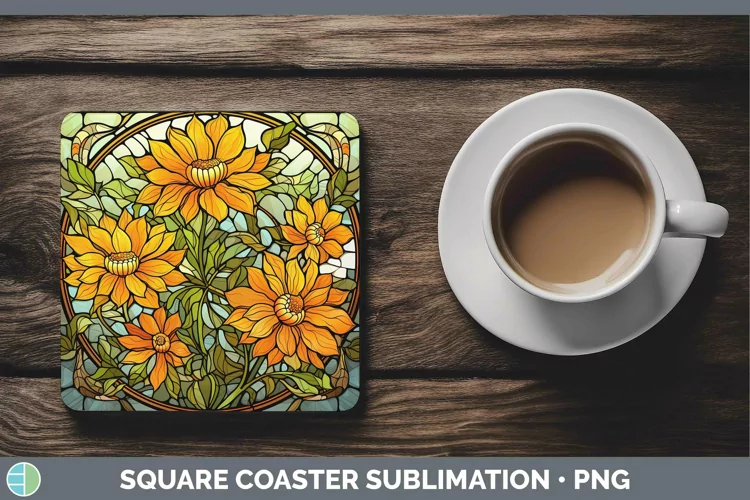 Stained Glass Flowers Calendula Square Coaster Sublimation C