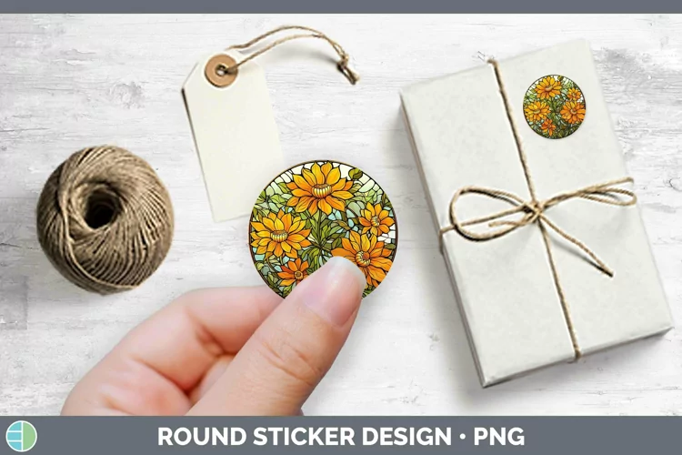 Stained Glass Flowers Calendula Stickers | Round Labels Desi