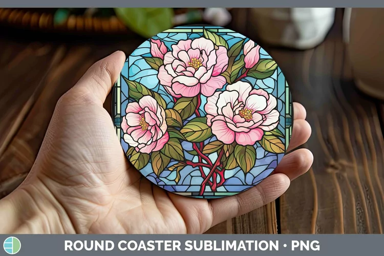Stained Glass Flowers Camellia Round Coaster Sublimation Coa