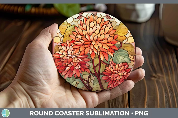 Stained Glass Flowers Chrysanthemum Round Coaster Sublimatio