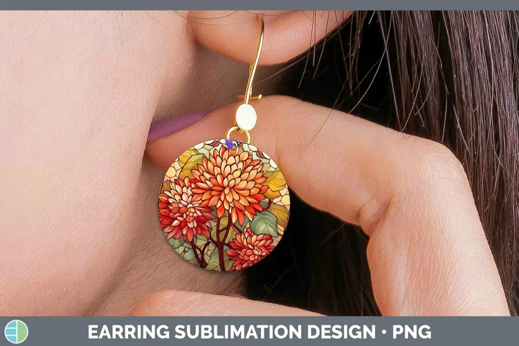 Stained Glass Flowers Chrysanthemum Round Earrings Sublimati