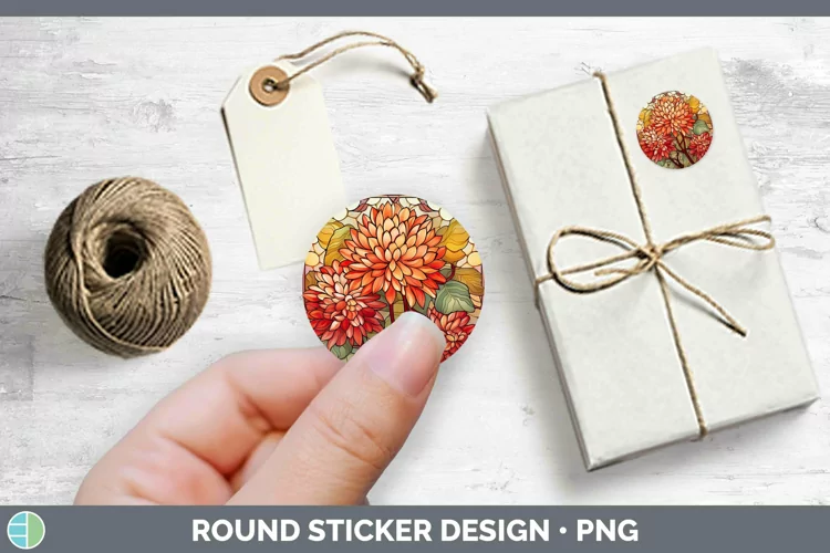 Stained Glass Flowers Chrysanthemum Stickers | Round Labels