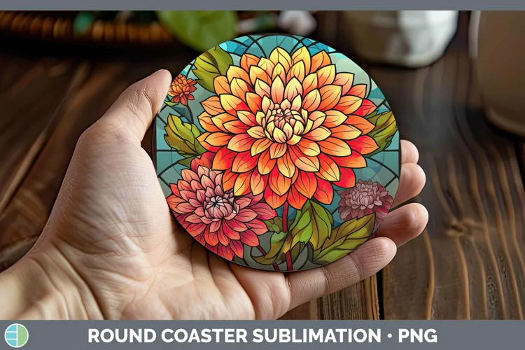 Stained Glass Flowers Dahlia Round Coaster Sublimation Coast