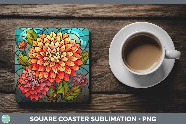 Stained Glass Flowers Dahlia Square Coaster Sublimation Coas