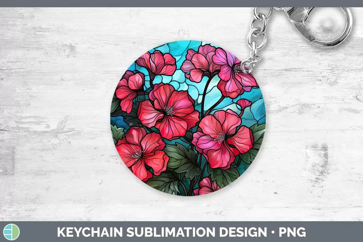 Stained Glass Flowers Geranium Keychain Sublimation Keyring