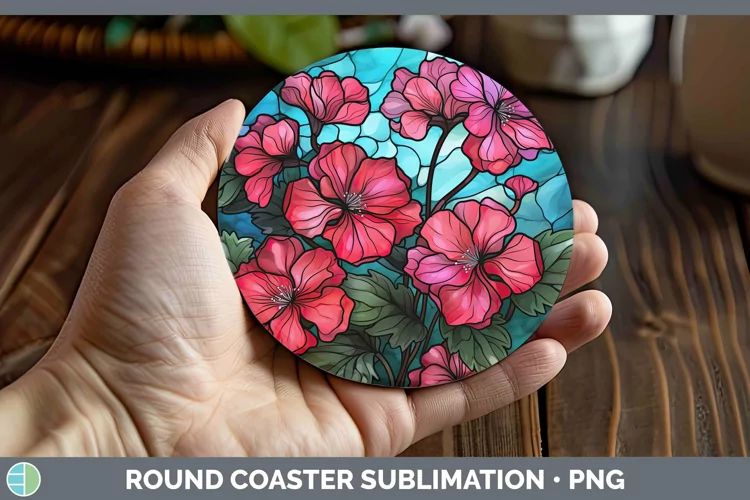 Stained Glass Flowers Geranium Round Coaster Sublimation Coa