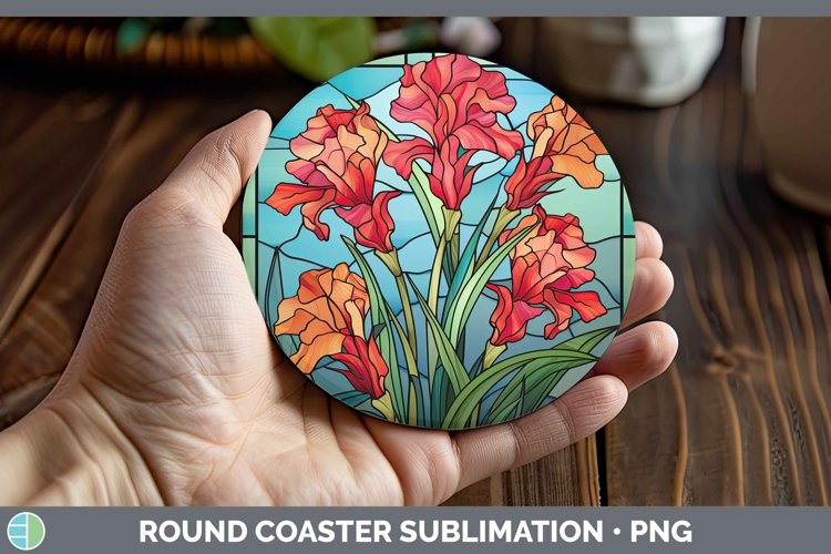 GorgeousStained Glass Flowers Round Coaster design.