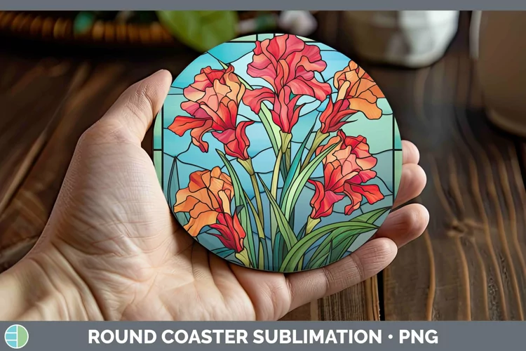 Stained Glass Flowers Gladiolus Round Coaster Sublimation Co