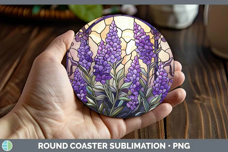 Stained Glass Flowers Lavender Round Coaster Sublimation Coa