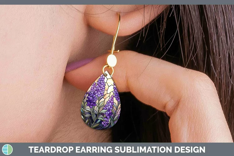 Stained Glass Flowers Lavender Teardrop Earrings Sublimation