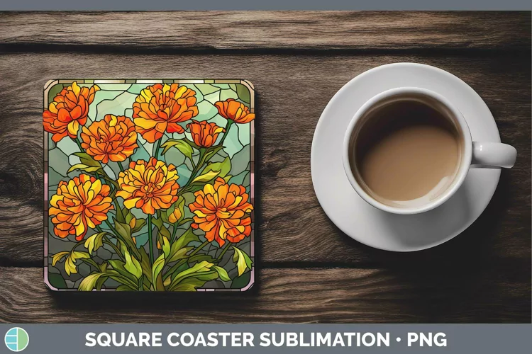 Stained Glass Flowers Marigold Square Coaster Sublimation Co