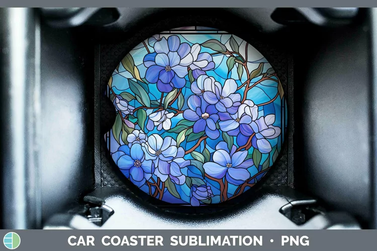 Stained Glass Flowers Periwinkle Car Coaster Sublimation Coa