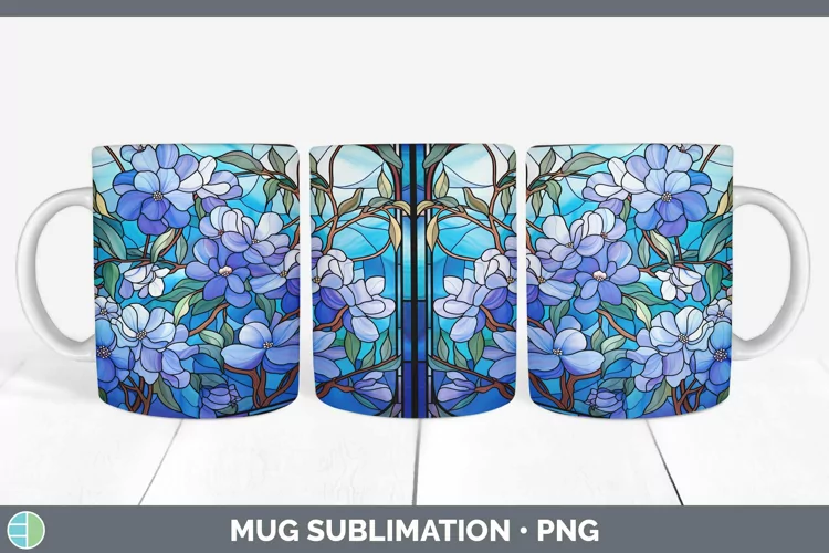 Stained Glass Flowers Periwinkle Mug Wrap Sublimation Coffee