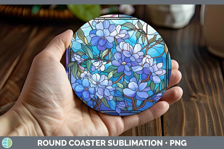 Stained Glass Flowers Periwinkle Round Coaster Sublimation C