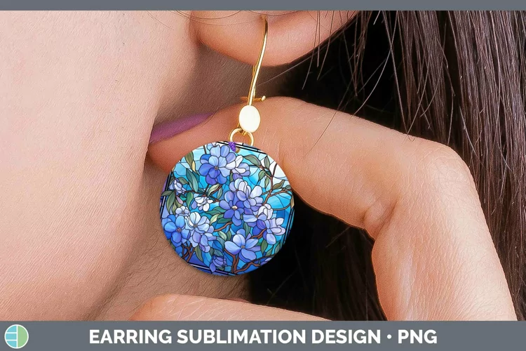 Stained Glass Flowers Periwinkle Round Earrings Sublimation