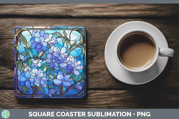 Stained Glass Flowers Periwinkle Square Coaster Sublimation