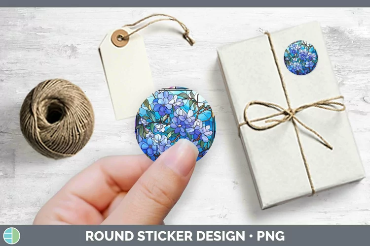 Stained Glass Flowers Periwinkle Stickers | Round Labels Des